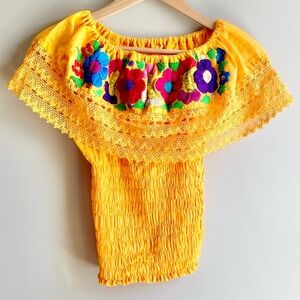 Mexican Yellow Off-Shoulder Top with Floral Embroidery